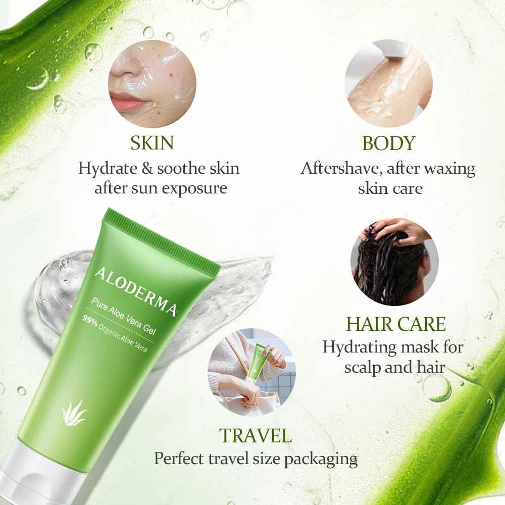 Aloderma Aloe Vera Gels Set, 2 Pieces - 300g Aloe Vera Gel + Tea Tree Oil, 45g Aloe Vera Gel - Hydrating, Moisturizing