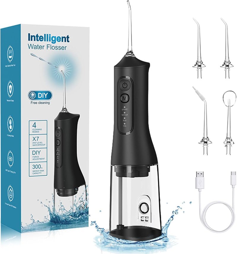 Portable Cordless Water Dental Flosser - 300ML Rechargeable Oral Irrigator | 4 Modes, IPX7 Waterproof, Deep Cleaning for Gum Care & Braces (Black)