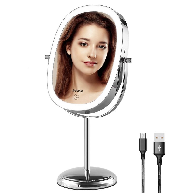 EAPUDUN Lighted Makeup Mirror 9" – 2-Sided Tabletop Vanity Mirror with 7X Magnification, 3 Color Lighting Modes, Rechargeable, 360° Rotation, 84 LED Lights