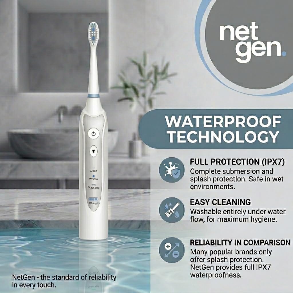 NetGen Sonic Electric Toothbrush for Adults, Rechargeable Power Toothbrush with 5 Replacement Heads, Travel Case, 3 Modes, 2 Minute Timer, IPX7 Waterproof Cordless Electric Toothbrush | White