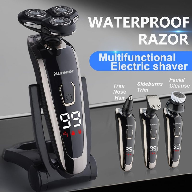 Electric Razor for Men - Rechargeable Waterproof Rotary Shaver with Nose & Sideburn Trimmer | Face Cleaning Brush
