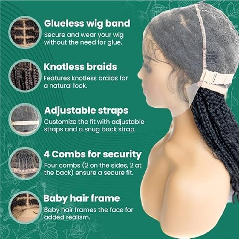 PIB 32" - Single Full Lace Braid Wig ? Boho Box Braided Wig Square Parted, Knotless Braided Wigs for Black Women, Synthetic Lace Wigs with Natural Baby Hair (4, Medium Dark Brown)