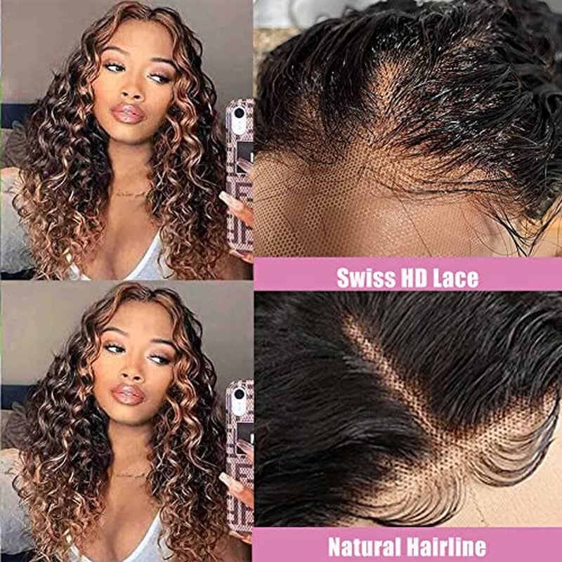 20 Inch Highlight Ombre Lace Front Wig Human Hair Pre Plucked 1B/30 Black Brown 13x4 HD Lace Frontal Wigs Human Hair Deep Wave Honey Blonde Wigs for Black Women 180% Density
