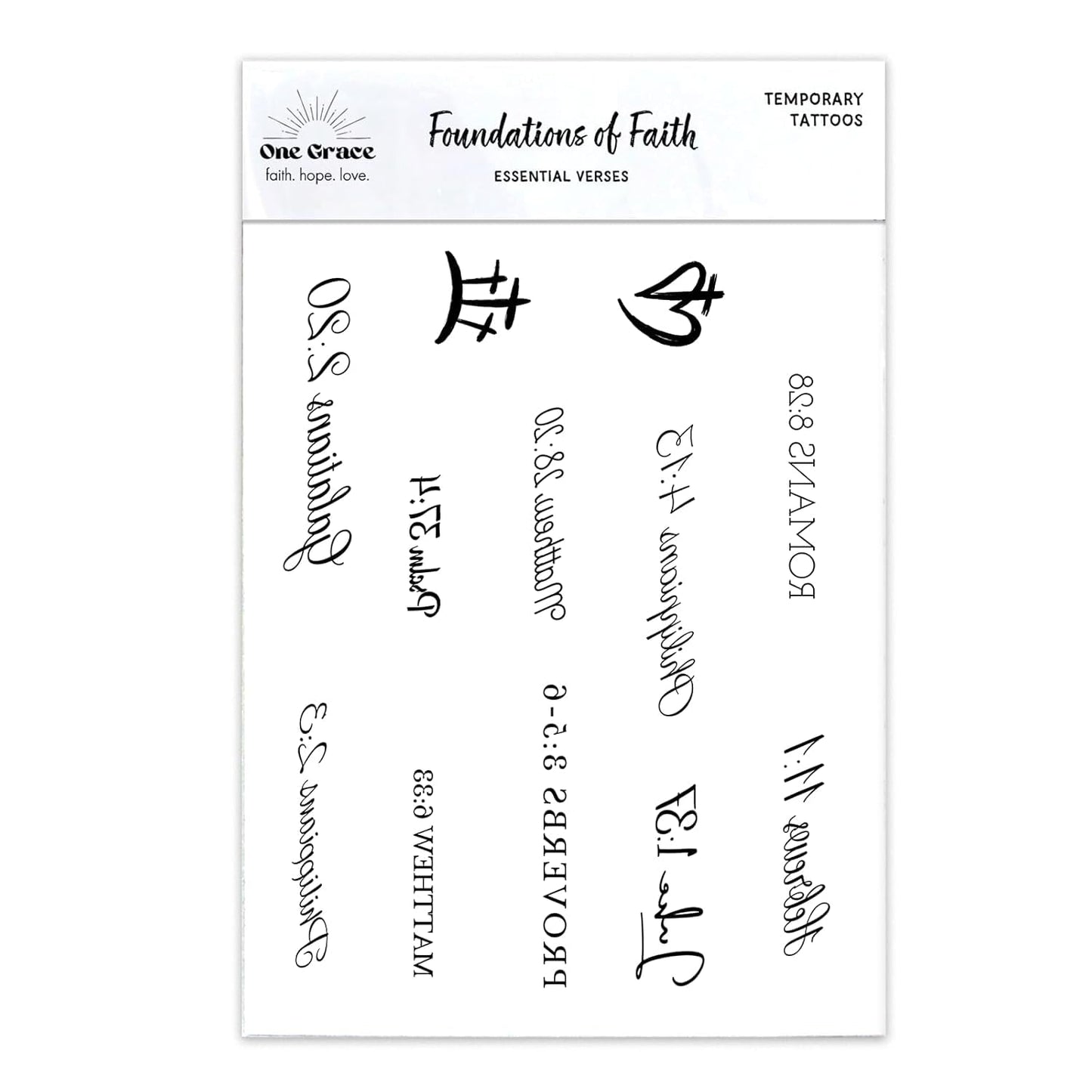 One Grace Foundations of Faith Christian Temporary Tattoos - Inspirational Scriptures Selections - Christian Motivational Bible Verse Words and Cross Tattoos
