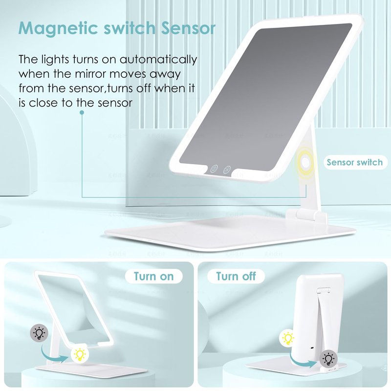 7.8" x 6.1" Rechargeable Travel Makeup Mirror with Lights and Small 10X Magnification, Foldable Stand with Adjustable Height & Angle, 3 Light Colors LED Lighted Vanity Mirror (White)