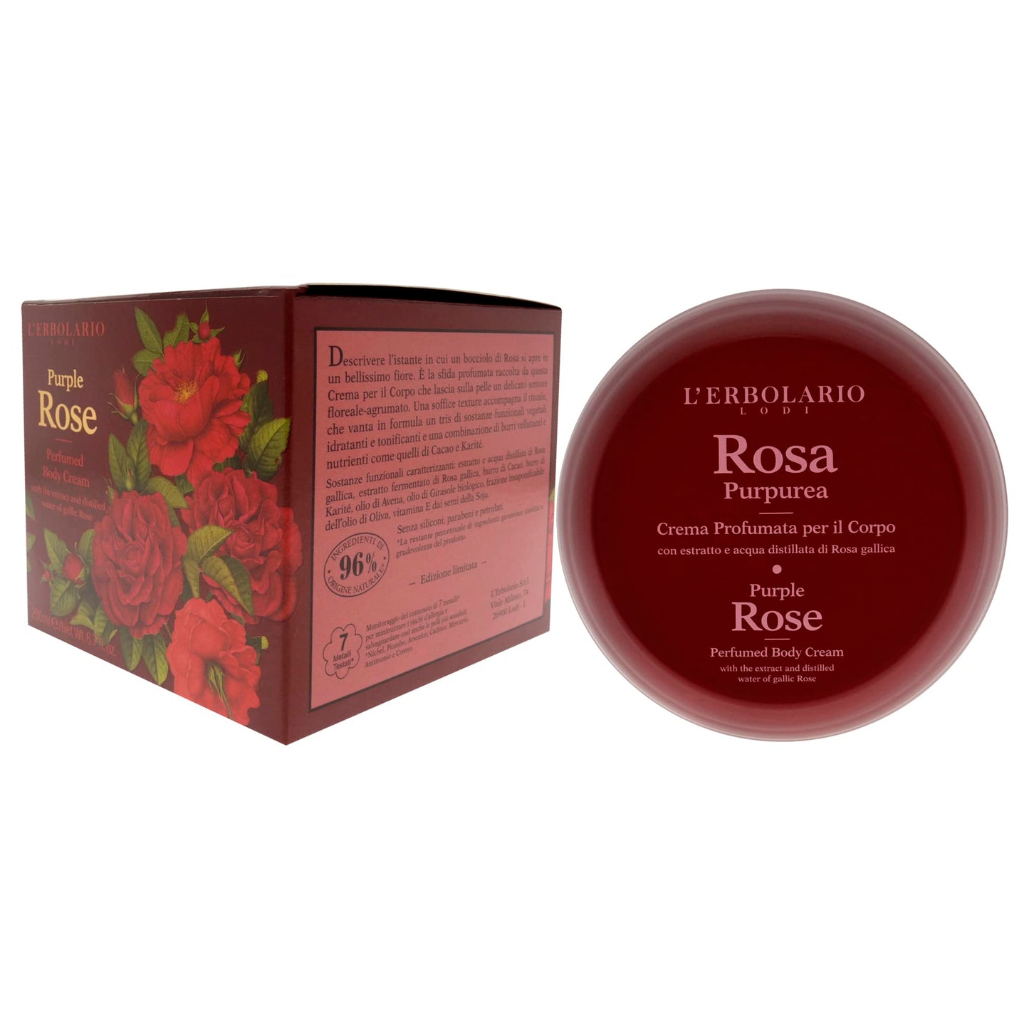 L'Erbolario Perfumed Body Cream – Moisturizing Body Butter for Dry Skin – Invigorating and Softening Skin Care with Gallic Rose – Purple Rose - 6.7 oz