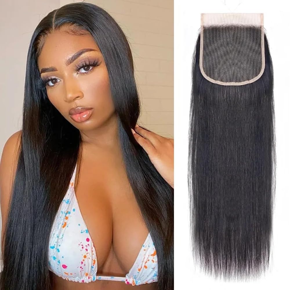 5x5 Lace Closure Straight Closure Human Hair Hd Transparent Lace Front 12A Virgin Human Hair Free Part Pre Plucked with Baby Hair Lace Frontal Natural Black Color 14 Inch