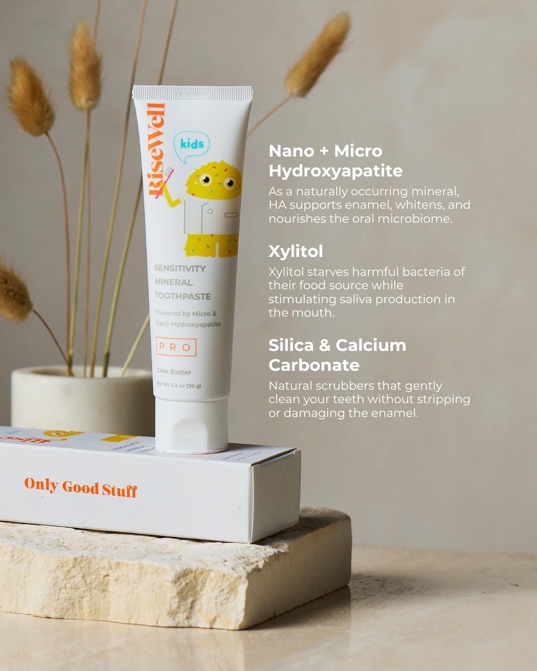 RiseWell PRO Kids Mineral Toothpaste - Micro & Nano Hydroxyapatite Toothpaste Kids - Made in USA, Natural and Safe to Swallow, Dentist Developed for Kid's Daily Oral Care (Cake Batter Flavor)