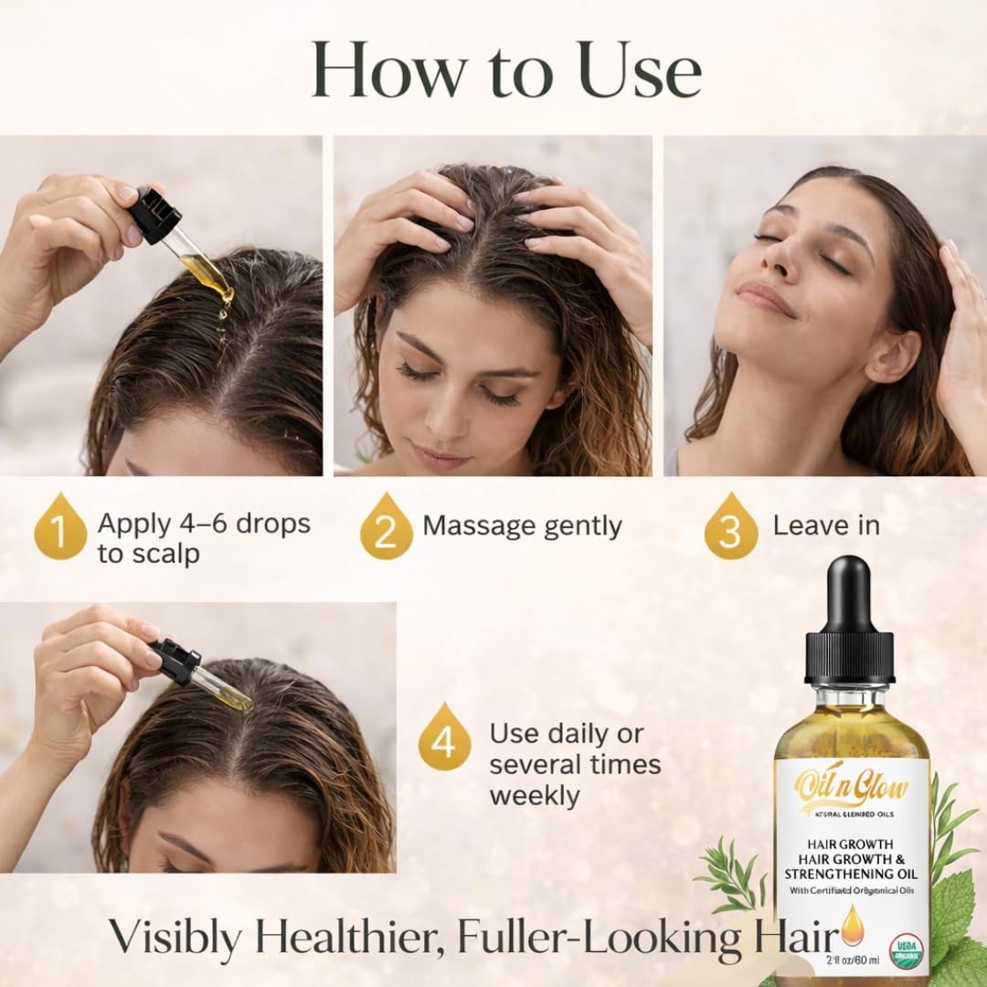 OilnGlow USDA Certified Organic 9 in 1 Natural Hair Serum for Hair Growth, & Strengthening With Rosemary Oil for Hair Growth, & Scalp DHT Blocker Peppermint Hair Oil Growth 2 FL