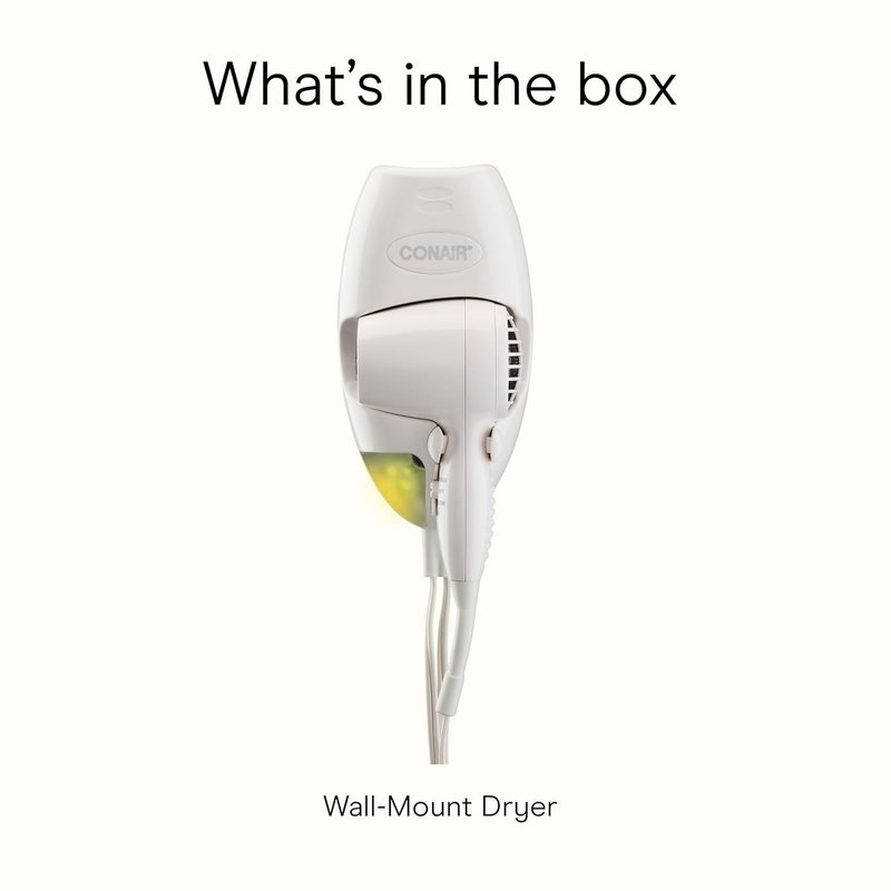 Conair Wall-Mount Hair Dryer - 1600W with LED Nightlight | 2 Heat & 2 Speed Settings, White
