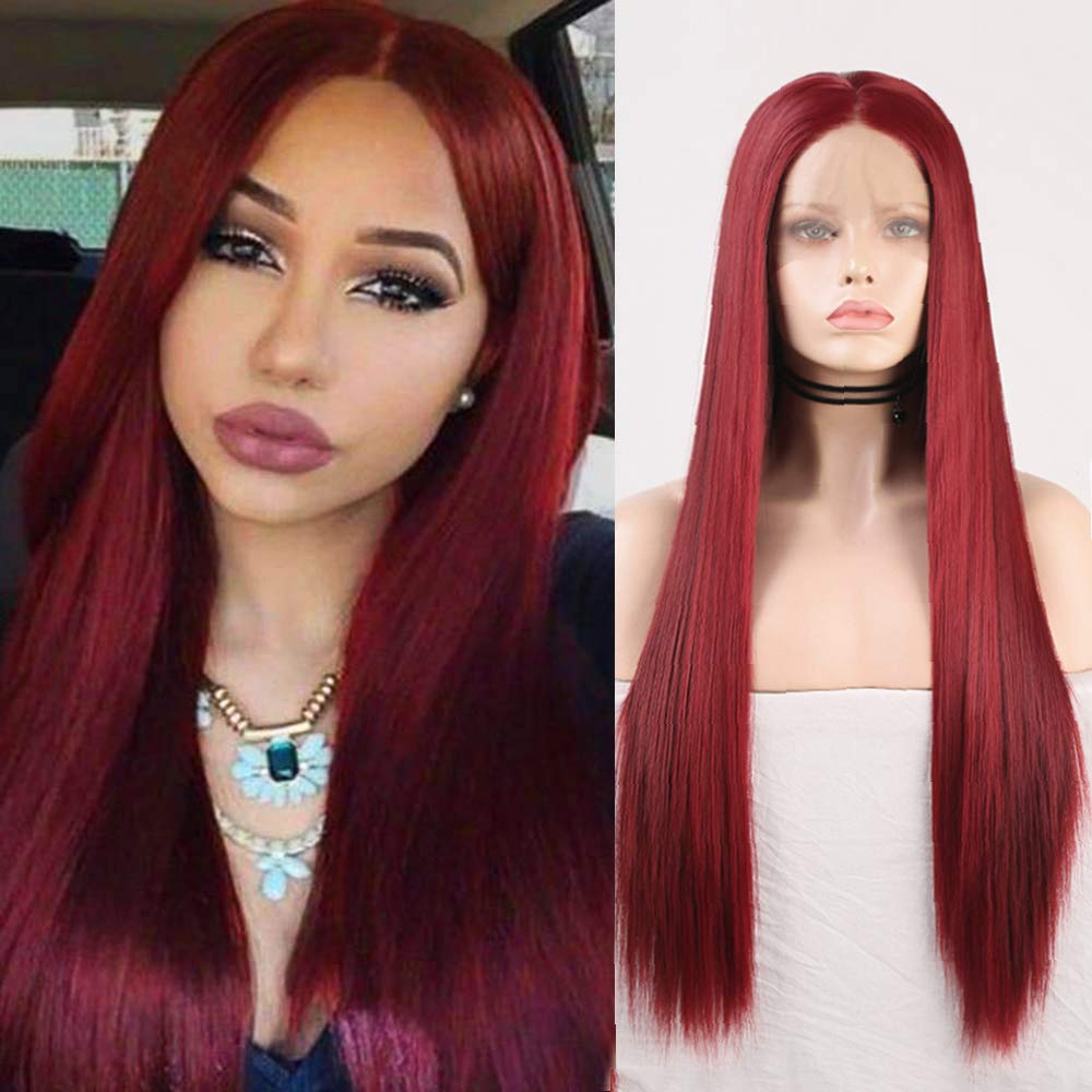 RDY Wine Red Wig Long Silky Straight Burgundy Synthetic Lace Front Wig for Women Cosplay Wig with Pastel Heat Friendly Fiber Glueless Wig Half Hand Tied Frontal Lace Wigs with Natural Hairline 20 Inch
