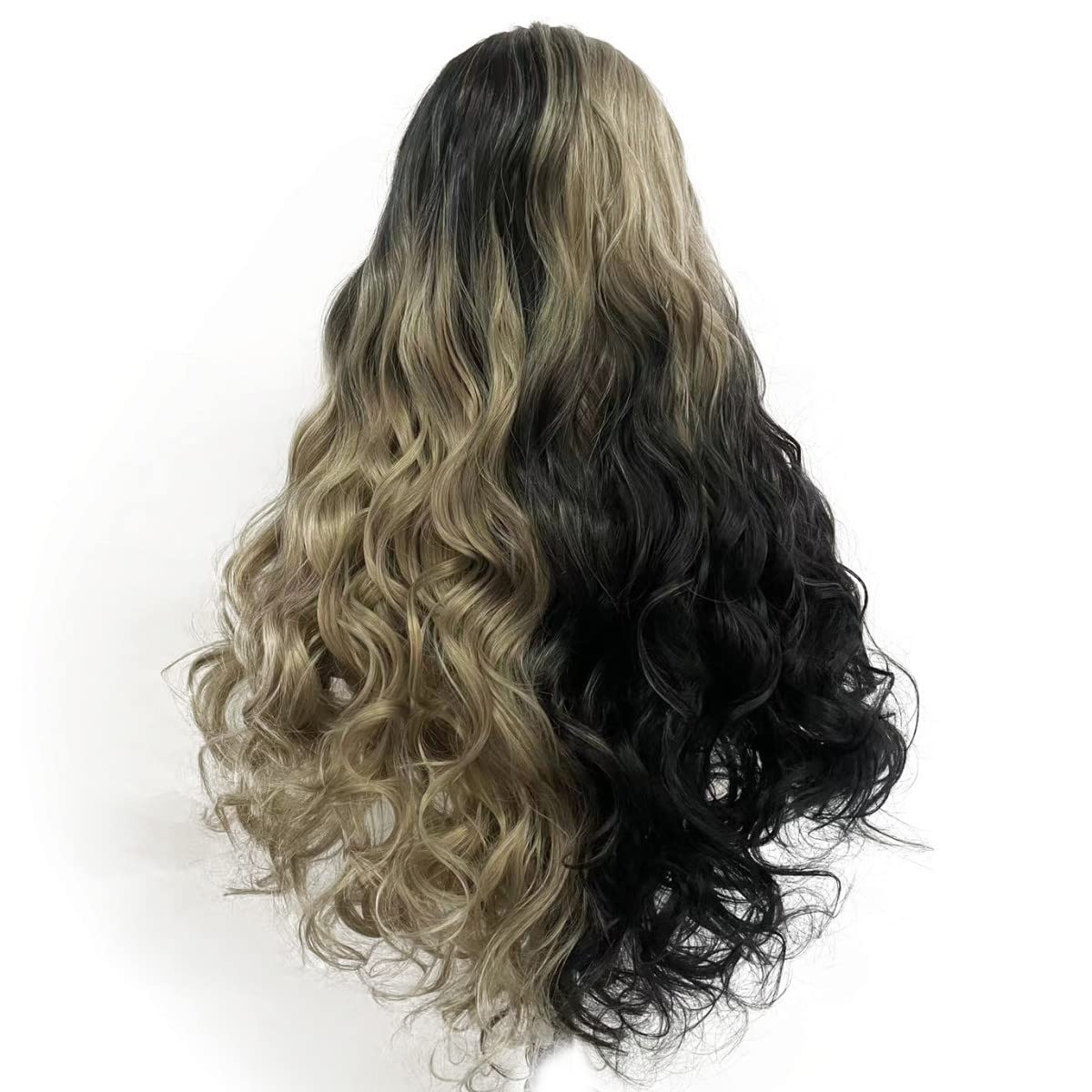 Peakia Long Wavy Blonde Black Ombre Natural Half Hand Tied Synthetic Lace Front Wig