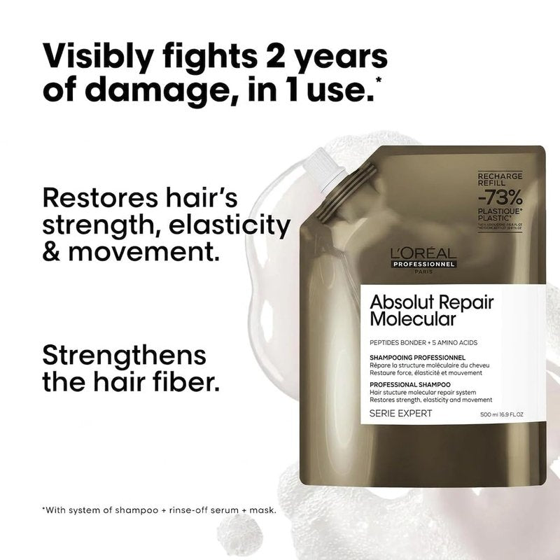 L'Oréal Professionnel Paris Absolut Repair Molecular Shampoo - Repairs Damage & Restores Strength For All Damaged Hair, With Peptide Bonder & Amino Acids, Sulfate-Free, 16.9 Fl Oz, Refill