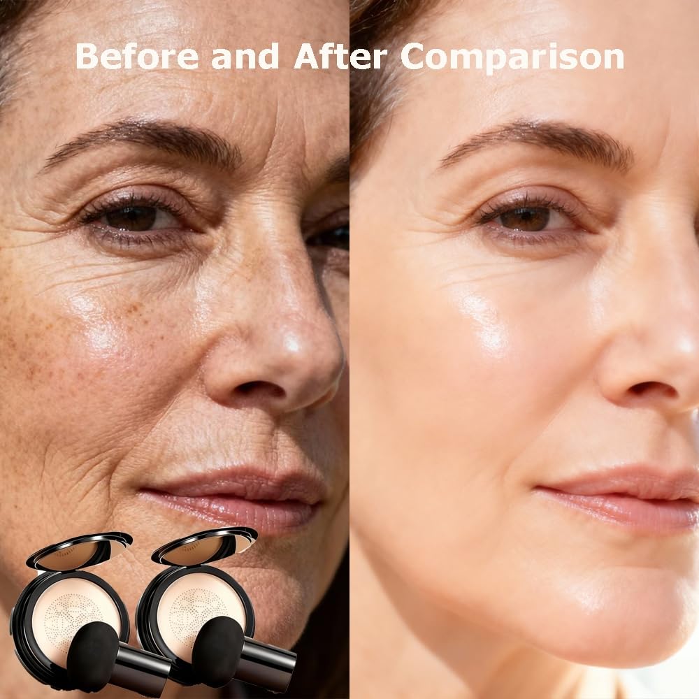 Glow Foundation, Foundation for Older Women - Mushroom Head Air Cushion CC Cream BB Cream, Moisturizing Long Lasting Full Coverage Concealer, Warm Tone for Light/Medium Complexions(2)