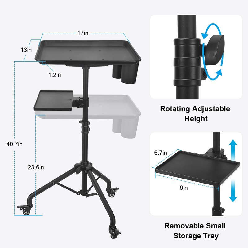 Salon Tray Cart on Wheels, Aluminum Tattoo Tray with Storage Platform, Adjustable Height Service Rolling Tray, Storage Tray Accessory for Salon Spa Dental Use, Rolling Tray Cart