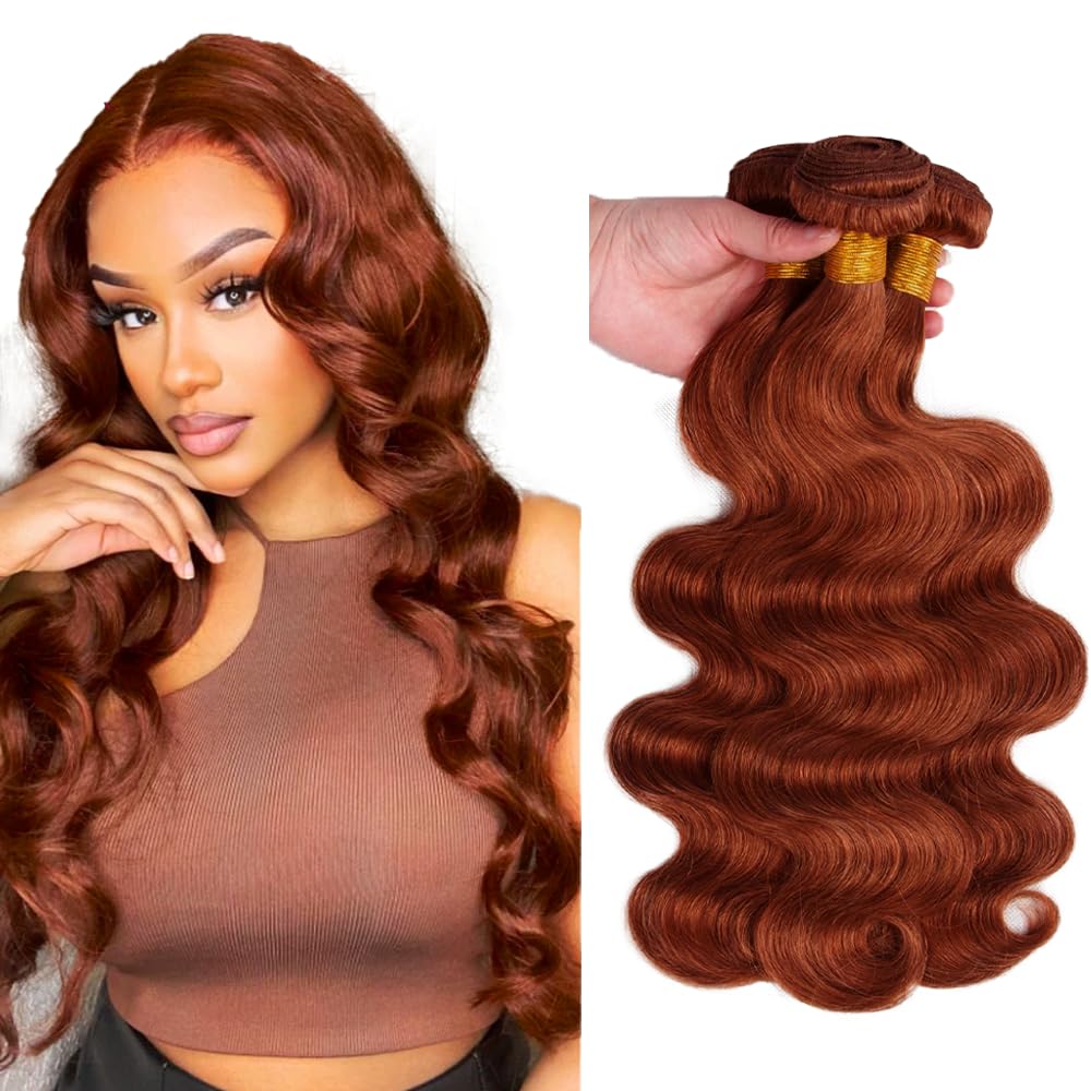Auburn Bundle Human Hair Color 33 Body Wave Bundle Huxowax Brazilian Virgin Remy Hair 3 Bundles 16 18 20 Inch Double Weft Reddish Brown Body Wave Bundle Hair Weave 150g