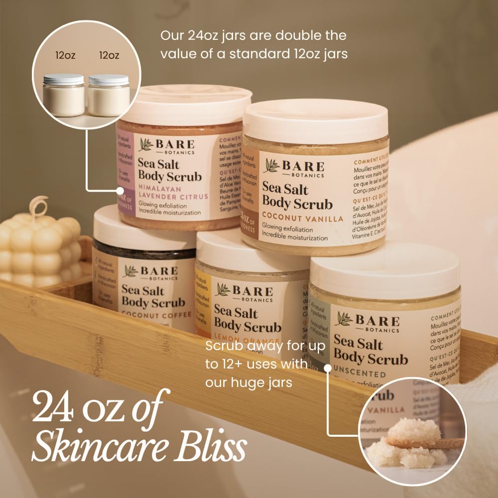 Bare Botanics 24oz Lavender Citrus Himalayan Sea Salt Body Scrub | Non-toxic, Vegan & Cruelty-free | Made in Madison, WI | Full Body Exfoliator & Hydrating Moisturizer with a Cute Wooden Spoon