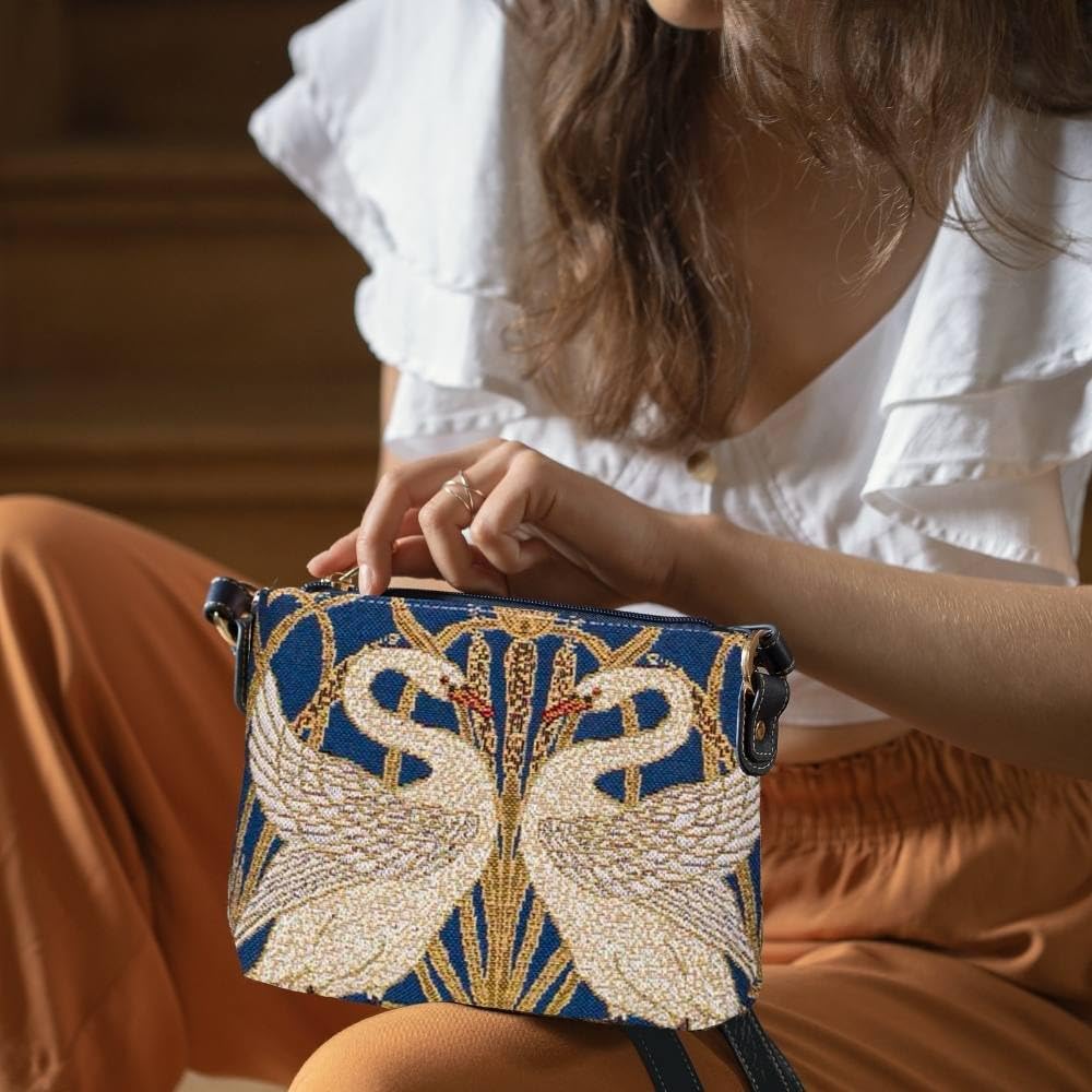 Signare Tapestry Crossbody Bag Shoulder Purse for Women In Walter Crane Swan Design (XB02-ART-WC-SWAN)