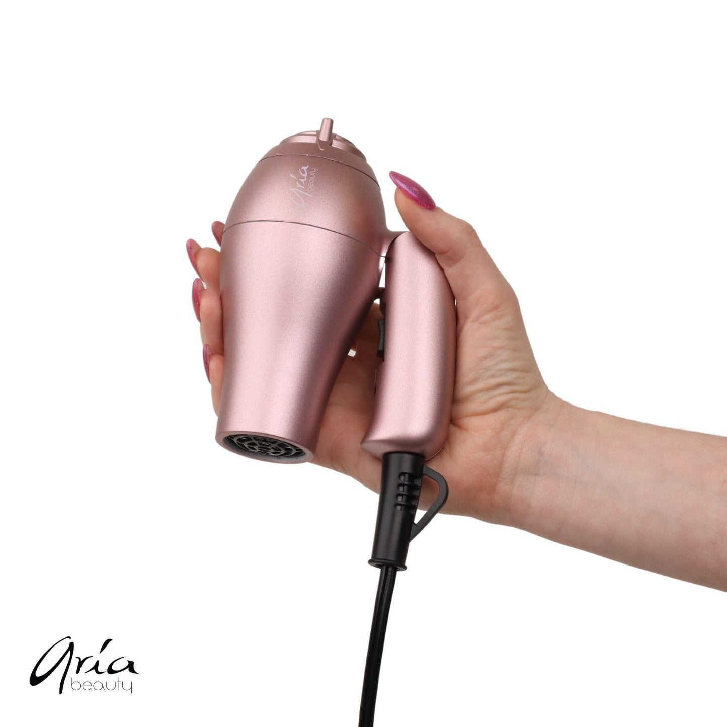 Aria Beauty Mini Compact Folding Blowdryer, Dual Votage, Diffuser and Concentrator Nozzle Included, Lightweight Design, Perfect for Travel, 1000W
