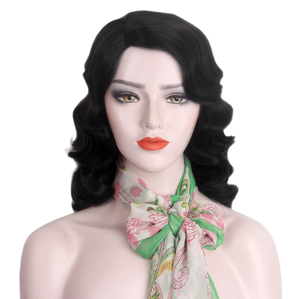 STfantasy Finger Wave Wig 1920s Retro Mid Length Long Curly Synthetic Hair for Women Cosplay Halloween Party Costume (Jet Black)