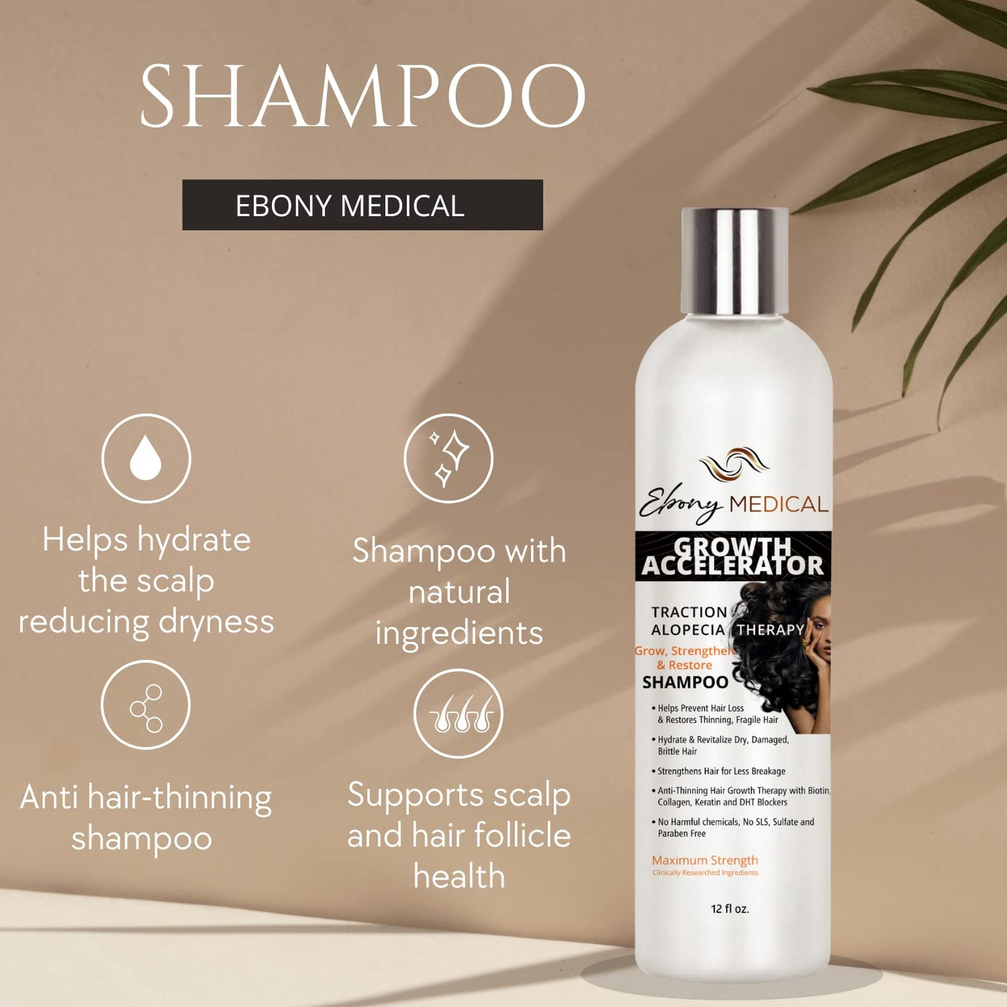 Ebony Medical Hair Support Shampoo – Thinning Hair & Patchy Hair Solution – Strengthens Strands, Scalp Health & Volume – Natural, Vegan, Sulfate-Free – 12 fl oz