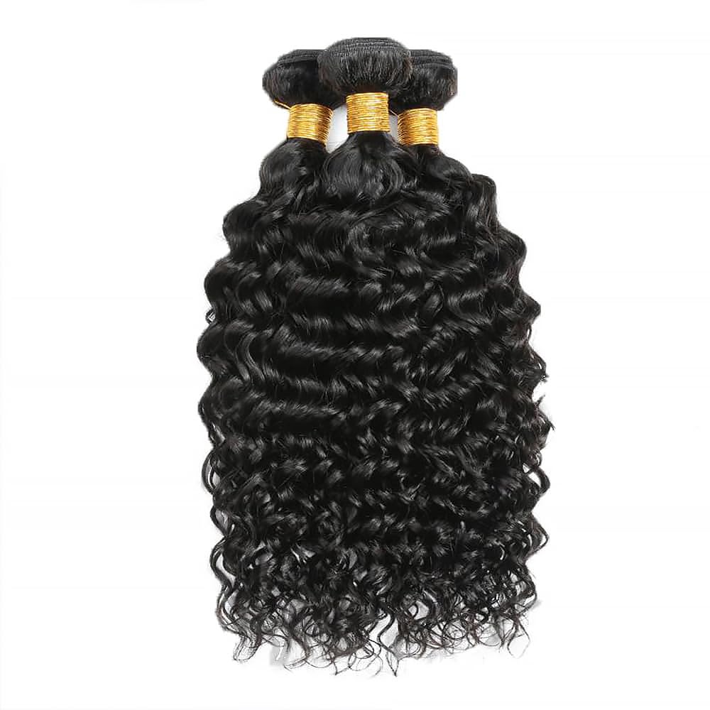 Water Wave Human Hair Bundles 16 18 20 Inch Deep Curly Bundles Human Hair Unprocessed Native Virgin Hair 100/PC 3 Extensions Natural Black Color 1B Wet and Wavy Human Hair Extensions for Women