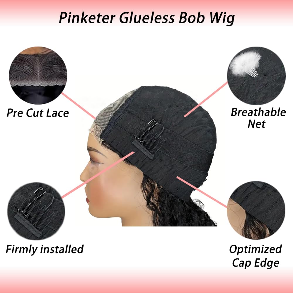 Pinketer Wear and Go Bob Wig Human Hair Deep Wave Glueless Wigs Pre Plucked Pre Cut 4x4 Lace Closure 180% Density Ready to Wear Bob Wigs for Black Women Beginner Friendly (Curly Bob Wig, 12inch)