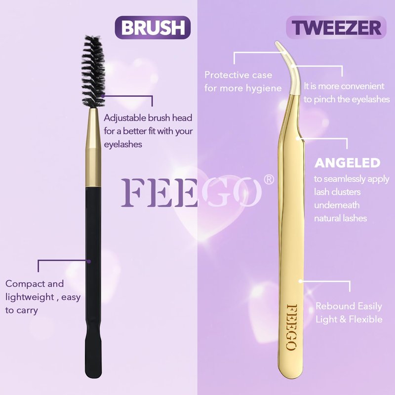 FEEGO Lash Extension Kit 100D/ 200D Fluffy 10-20MM D Curl Lash Clusters Eyelash 160pcs Extension Kit Individual Double headed mascara brush and Seal Lash Remover Lash (200D LASH KIT)