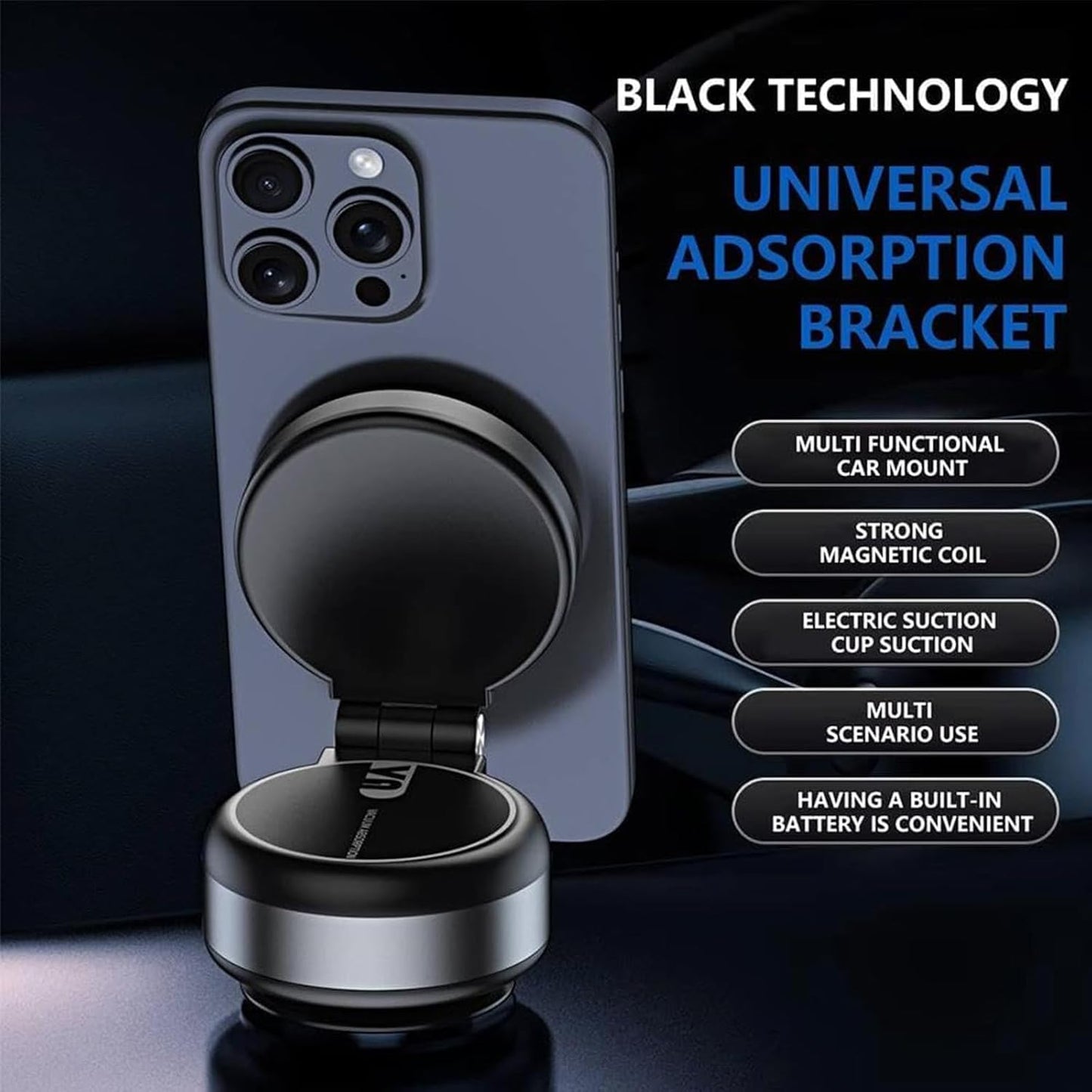Electric Vacuum Magnetic Car Phone Mount,Vacuum Suction Car Phone Holder Hands-Free,Adjustable Foldable Magnetic Suction Cup Phone Mount,Strong Magnetic Car Mount for Smooth Surface(New-Black)