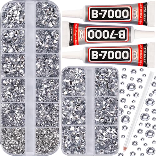 b7000 Glue with 7500Pcs Silver Clear Rhinestones for Crafts Clothes Clothing Fabric, Shiny Flatback Crystals Gems for Crafting Shoes Shirt, Flat Back Diamonds Set Badazzle kit Jewels 2-5mm 4 Sizes Mix