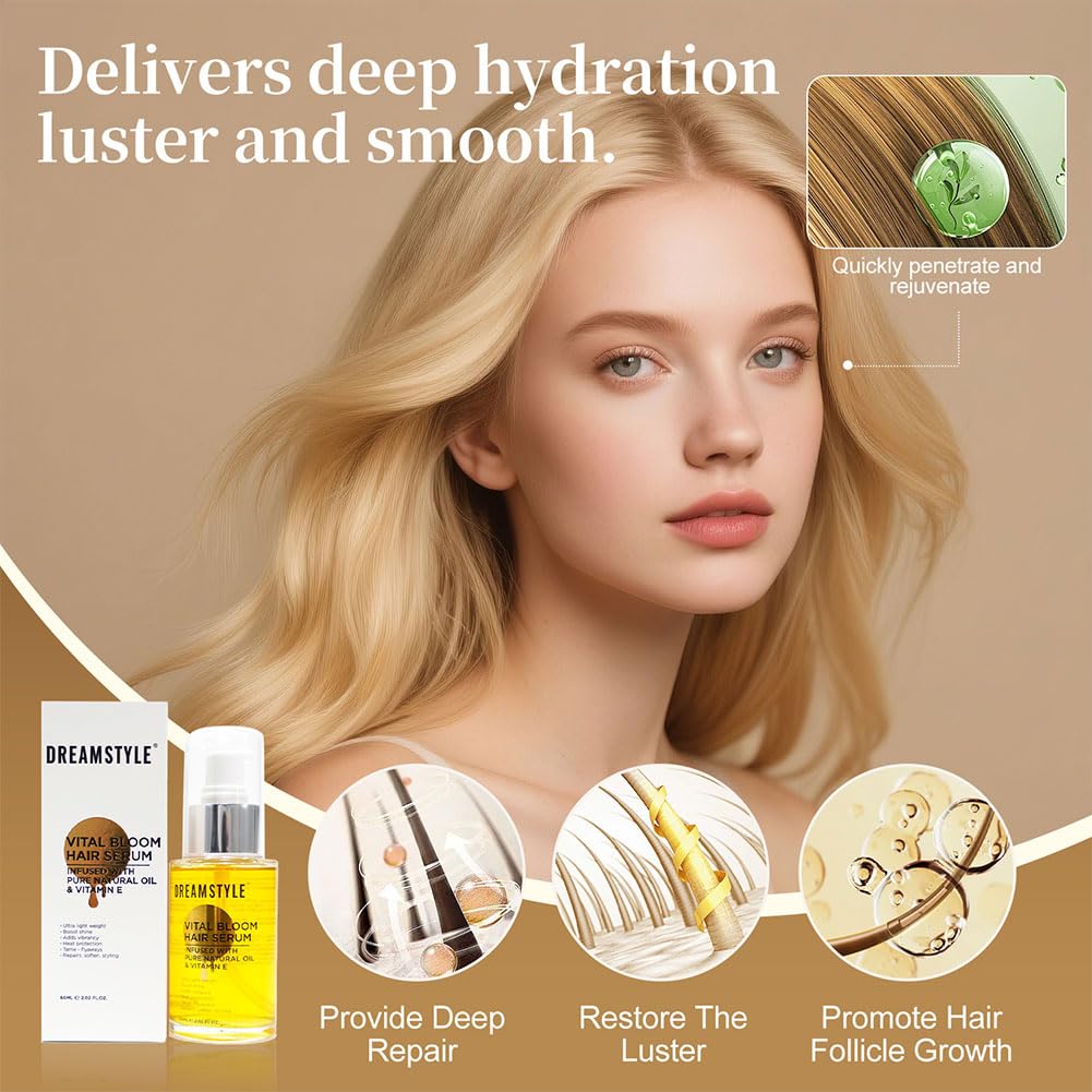 Monaluxe Hair Oil Vital Bloom Hair Serum, pure natural oil & vitamine, Smooth Frizz and Add Shine Strengthens, All Hair Types (2.02 Fl Oz)
