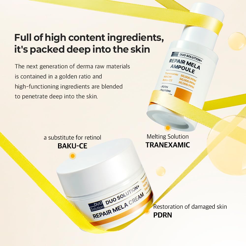 Duo Solution Tranexamic Acid 5% + Niacinamade 5% + Baku-CE 3% Cream, Repair Mela Cream - Tranexamic acid 50,000ppm, Niacinamade 50,000ppm, bakuchiol 30,000ppm, PDRN, Peptides, Hyaluronic