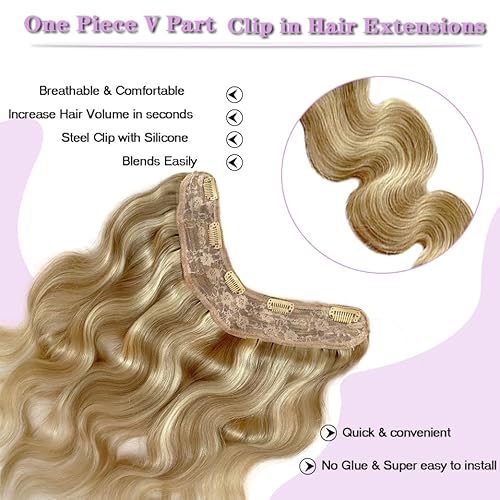 Invisible Hair Extensions Clip In Real Human Hair Balayage Chestnut Blonde to Platinum Blonde Highlight Hair Extension 16Inch 80G One Piece Clip in Remy Hair Body wave Double Weft V Shape Clip on Hair