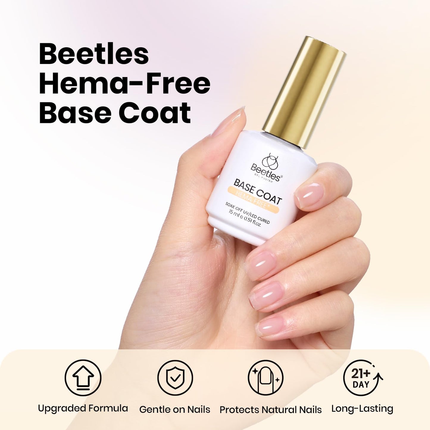 Beetles Gel Base Coat for Nails 15ml, HEMA Free TPO Free Base Gel Polish, UV LED Soak Off, Long Lasting No Lift Nail Primer, Nail Strengthening Base for Gel Manicure