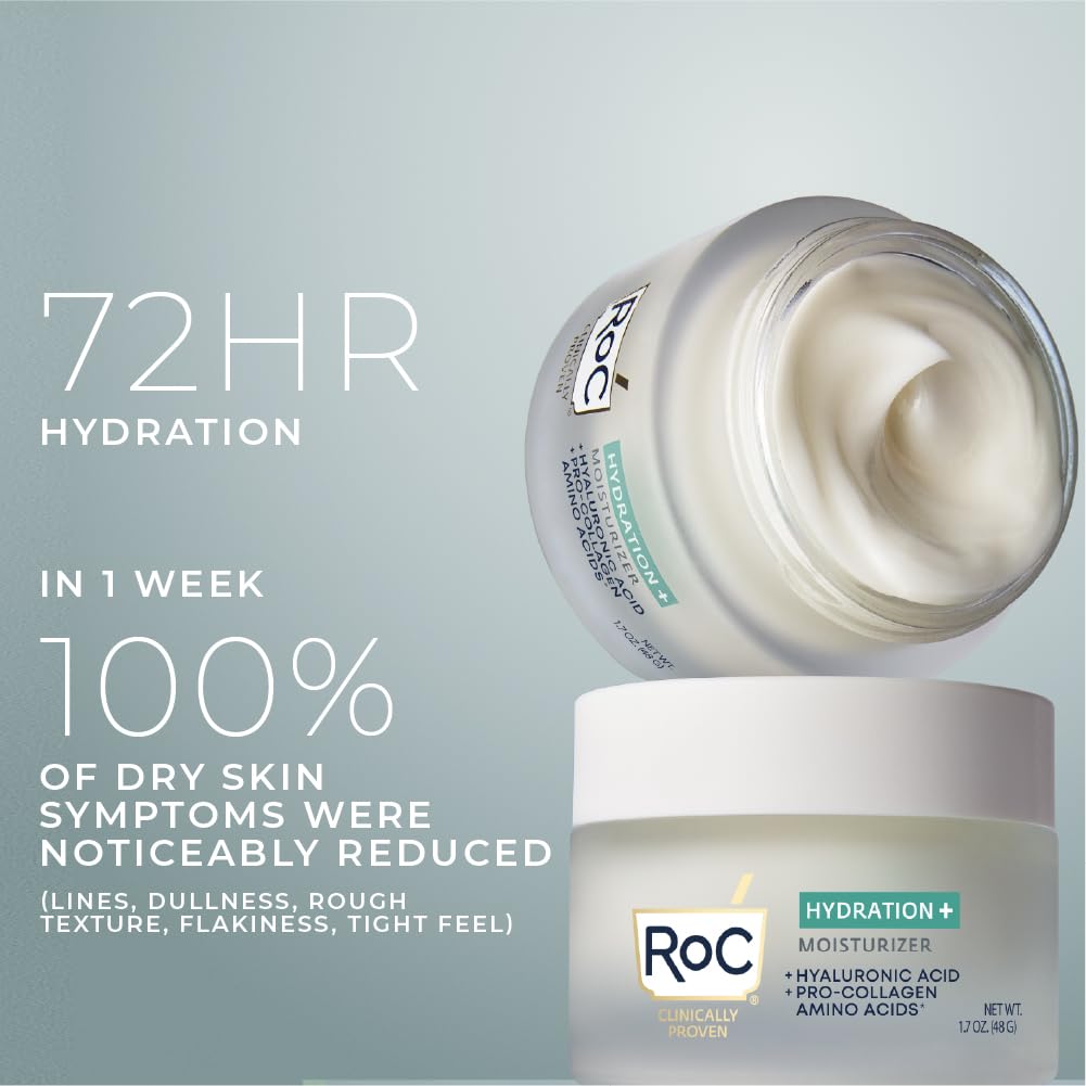 RoC Hydration+ Hyaluronic Acid Moisturizer Face Cream Fragrance Free Sensitive Face Moisturizer with Collagen Proteins 1.7 Ounces with Retinol Eye Cream Packette