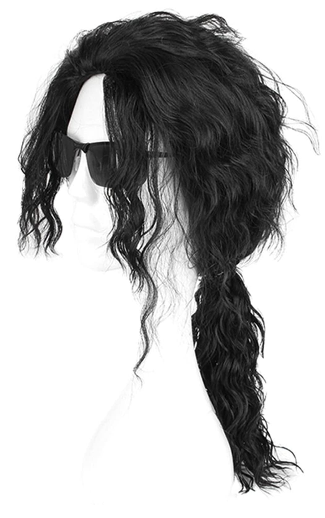 Ruina Black Wigs for Costume Men 70s 80s Costume Wig Long Curly Wavy Black Hair Metal Rocker Wigs with Wig Caps R022BK