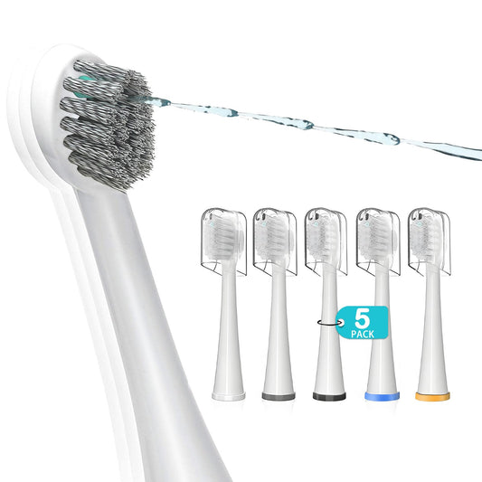 Replacement Brush Heads for Waterpick Sonic Fusion 2.0 - Flossing Toothbrush Head for Water pik with Color-Coded Rings & Hygienic Caps - Compact Size - 5 Pack White (Hard Bristles)
