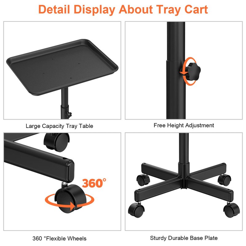 Salon Rolling Tray - Premium Aluminum Tattoo Tray for Beauty Professionals | Adjustable Height, Black