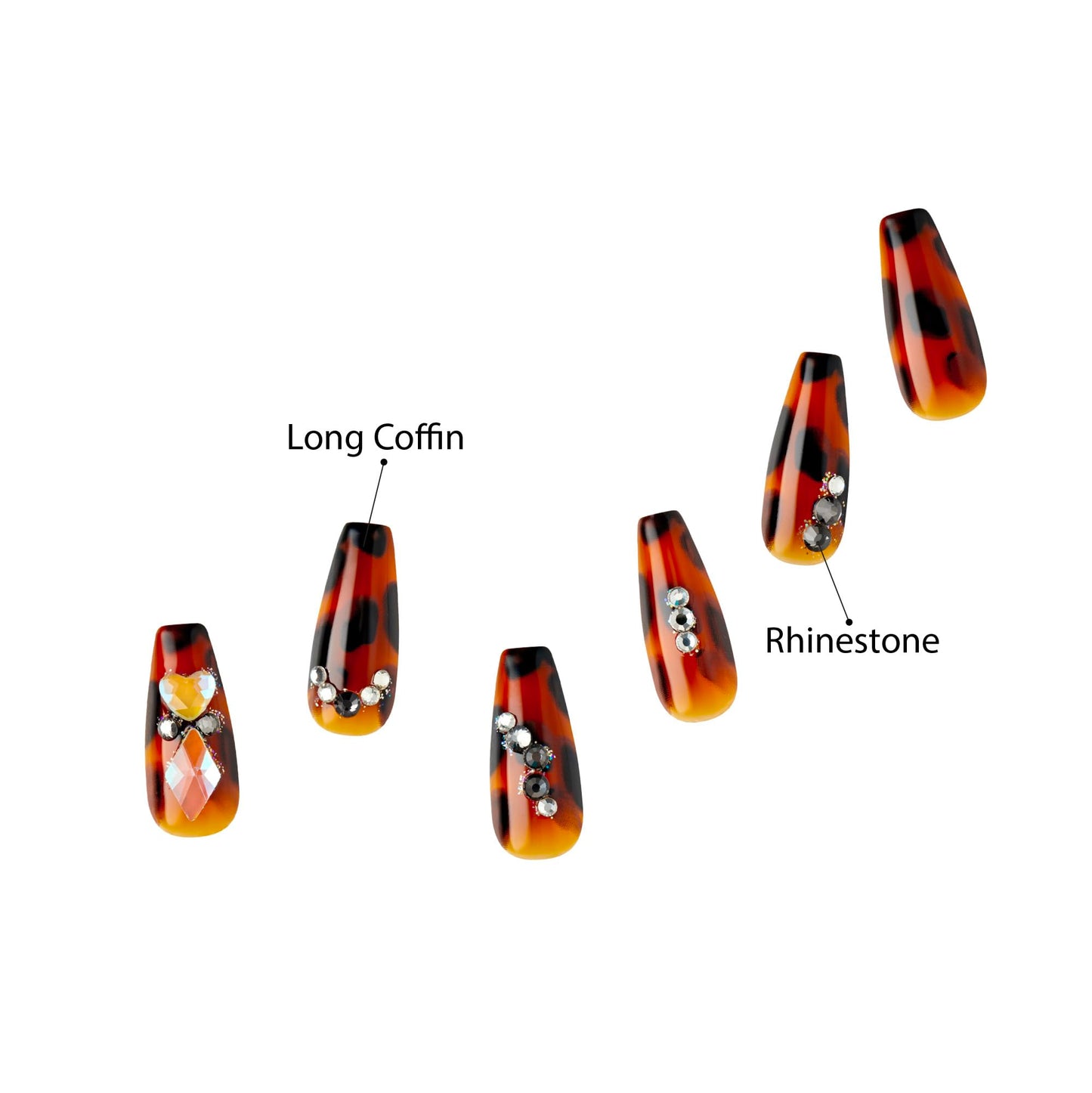 GoldFinger Premium Luxury False Nails Kit, Ready to Wear Leopard Nails, Manicure Stick and Glue Included, Long Coffin Shape with 3D Rhinestones, Long-Lasting Hottest Trend Glue on Nails