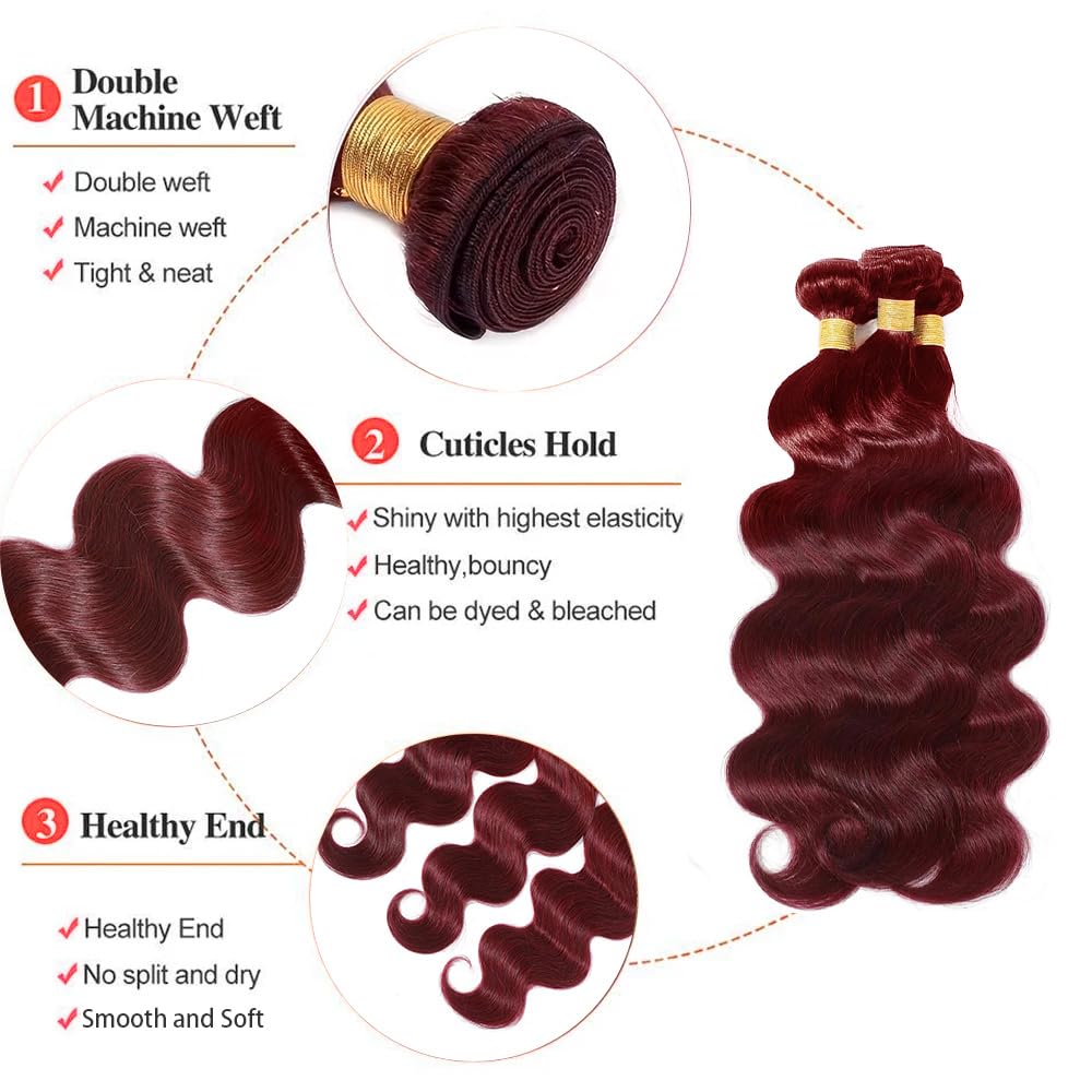 Dokksiiia Body Wave Bundles Burgundy 99J, 08 10 12 Inch