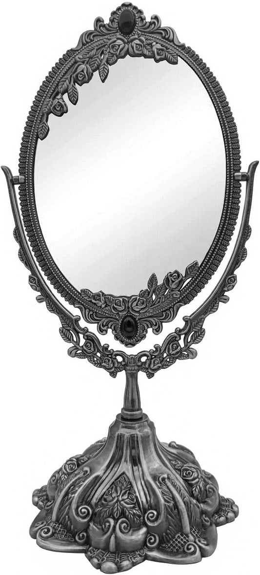 Vintage Double-Sided Makeup Mirror - 360° Rotating Alloy Metal Cosmetic Tool for Women | Large Tin Color