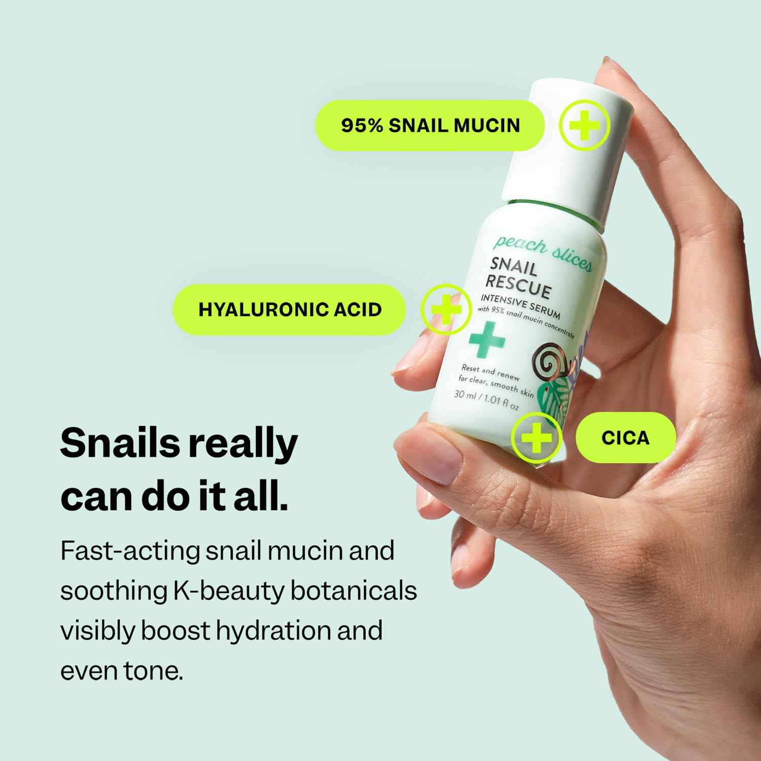 Peach Slices - Snail Rescue Intensive Serum (1.01 oz) - 95% Snail Mucin Concentrate - Reset, Renew & Smooth - Birch Juice, Hyaluronic Acid & Cica - Vegan & Cruelty Free - Korean Skin Care & Beauty