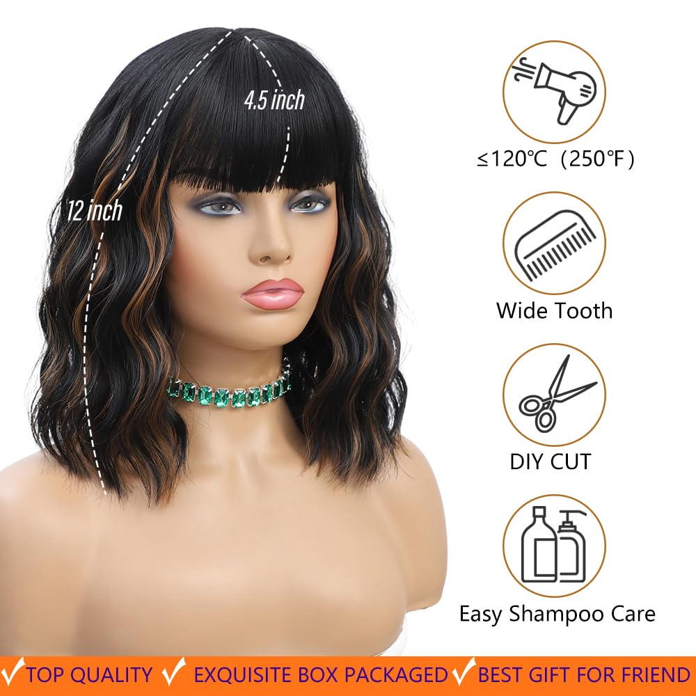 Black Highlights Brown Wig with Bangs,12 Inch Short Wavy Curly Bob Hair