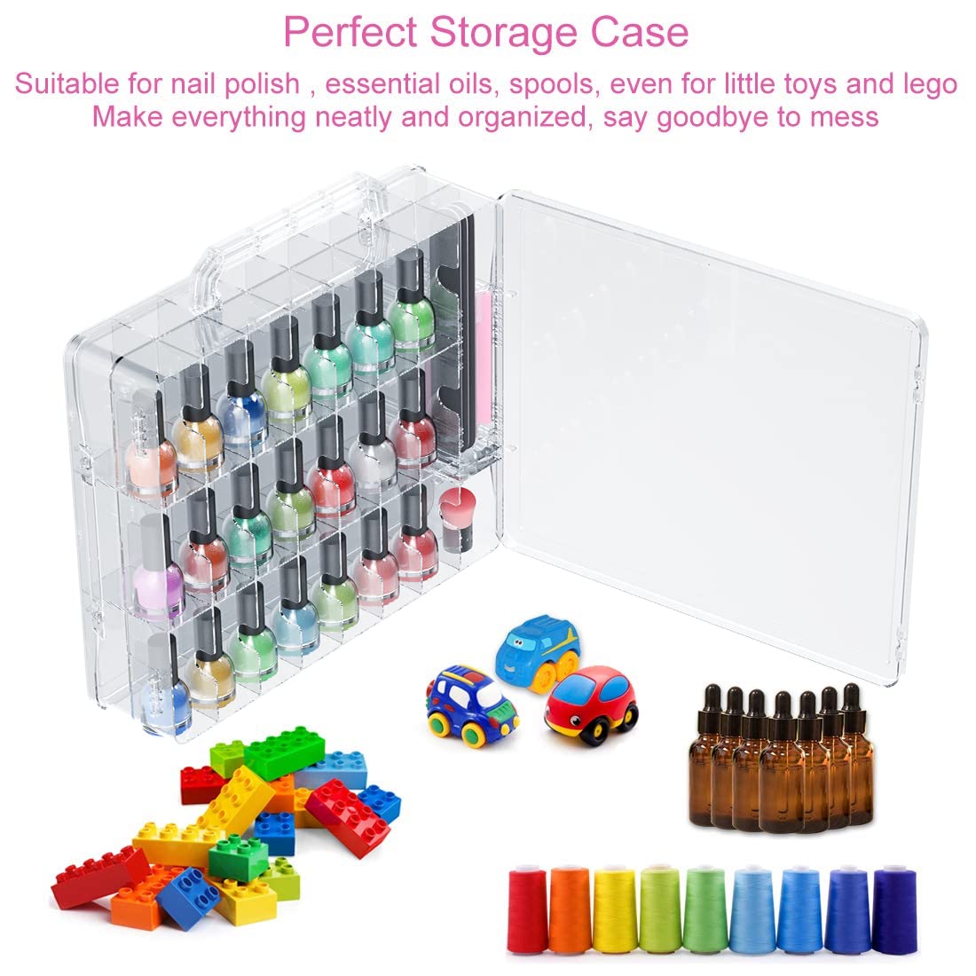 Nail Polish Organizer Case - Holds 48 Bottles | Adjustable Gel Storage with Space Dividers & Toe Separator
