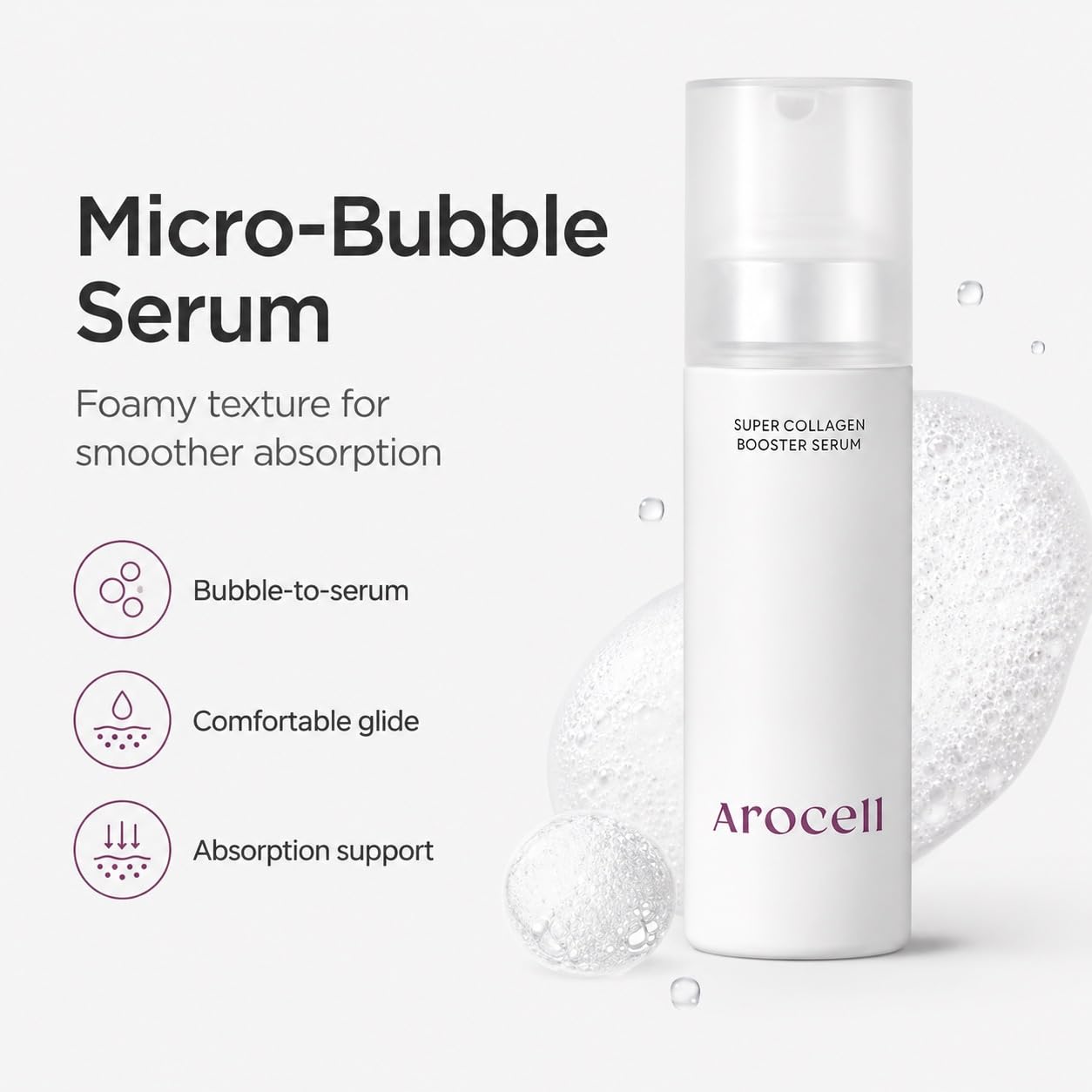 AROCELL Super Collagen Booster Bubble Serum 70ml / 2.36 fl oz – Korean Face Serum Anti Aging Collagen Peptide, Firming Hydrating Wrinkle Care, Elasticity Boosting, Pore Minimizing Effect