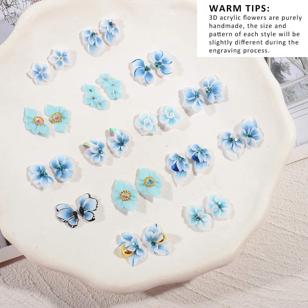 30PCS 3D Handmade Flower Nail Art Charms Advanced Handcrafted Cherry Blossom Flower Colorful Sculpted Floral Nails with Rhinestone Caviar Beads Design for Women Profession Nail Art Craft Jewelry