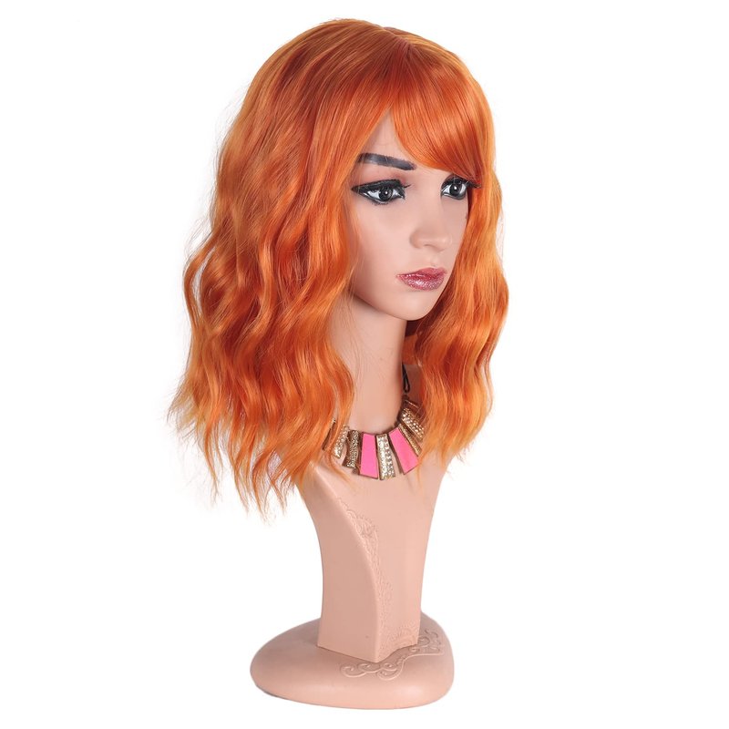 Greenmirr Short BOB Bright Orange Wavy Wigs with Bangs Heat Resistant Synthetic Hair 14in for Party Daily Wear
