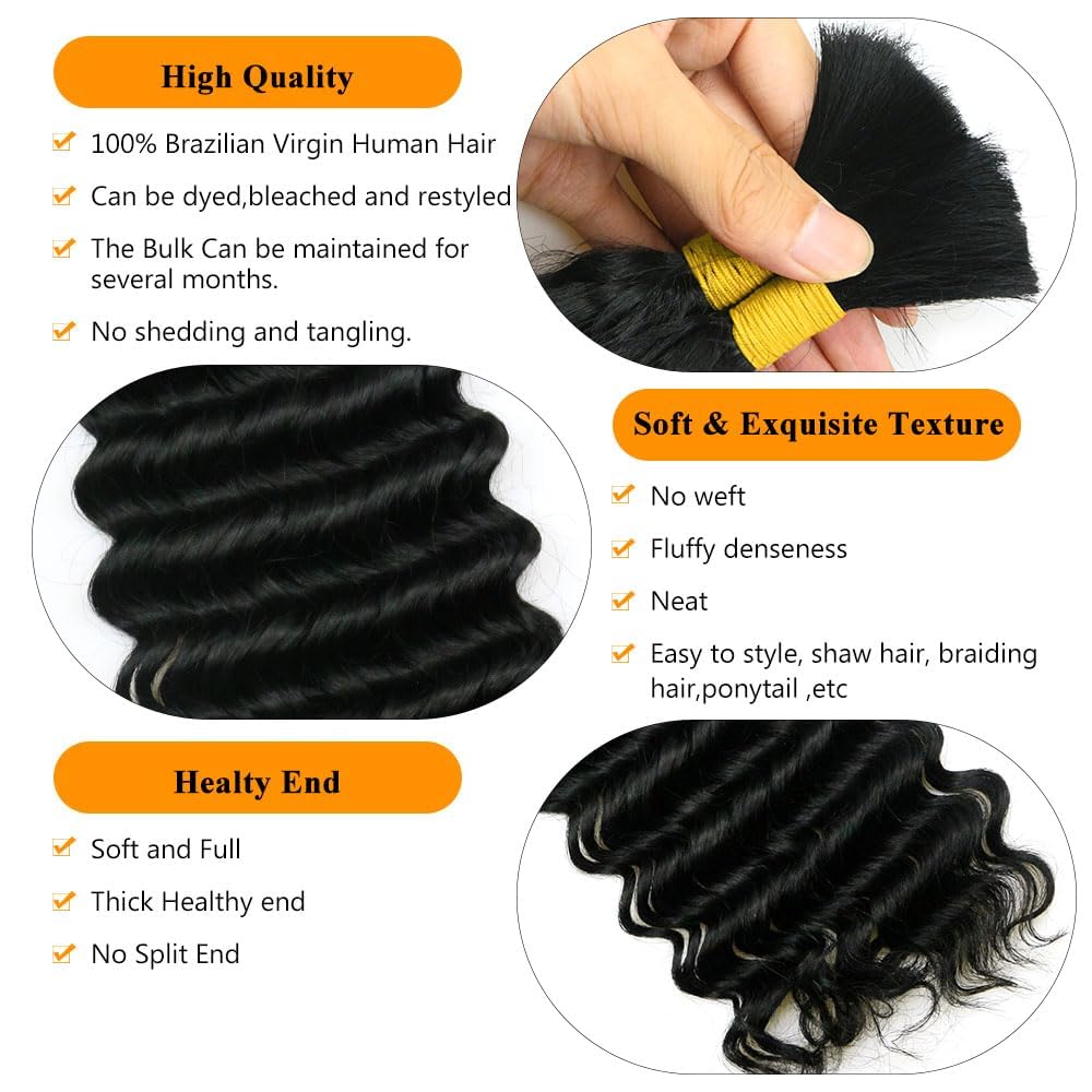 QTHAIR Deep Wave Bulk Human Hair For Braiding 18A No Weft (20" 50g #1B(Natural Black)) 100% Unprocessed Brazilian Deep Wave Human Hair Virgin Hair Extensions Two Bundles Micro Braiding