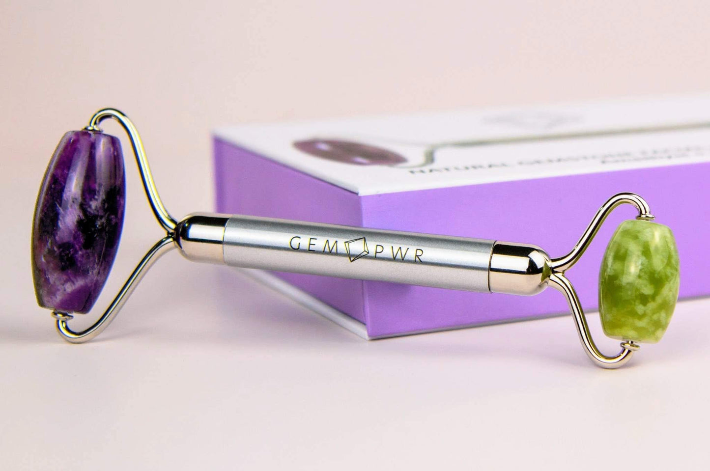 GEM PWR Amethyst + Jade Roller for Face and Neck Massage, Dual Gemstones with Durable Steel Handle and Travel Bag. Minimize Wrinkles, Reduce Puffiness and Restore Skin's Elasticity and Radiance