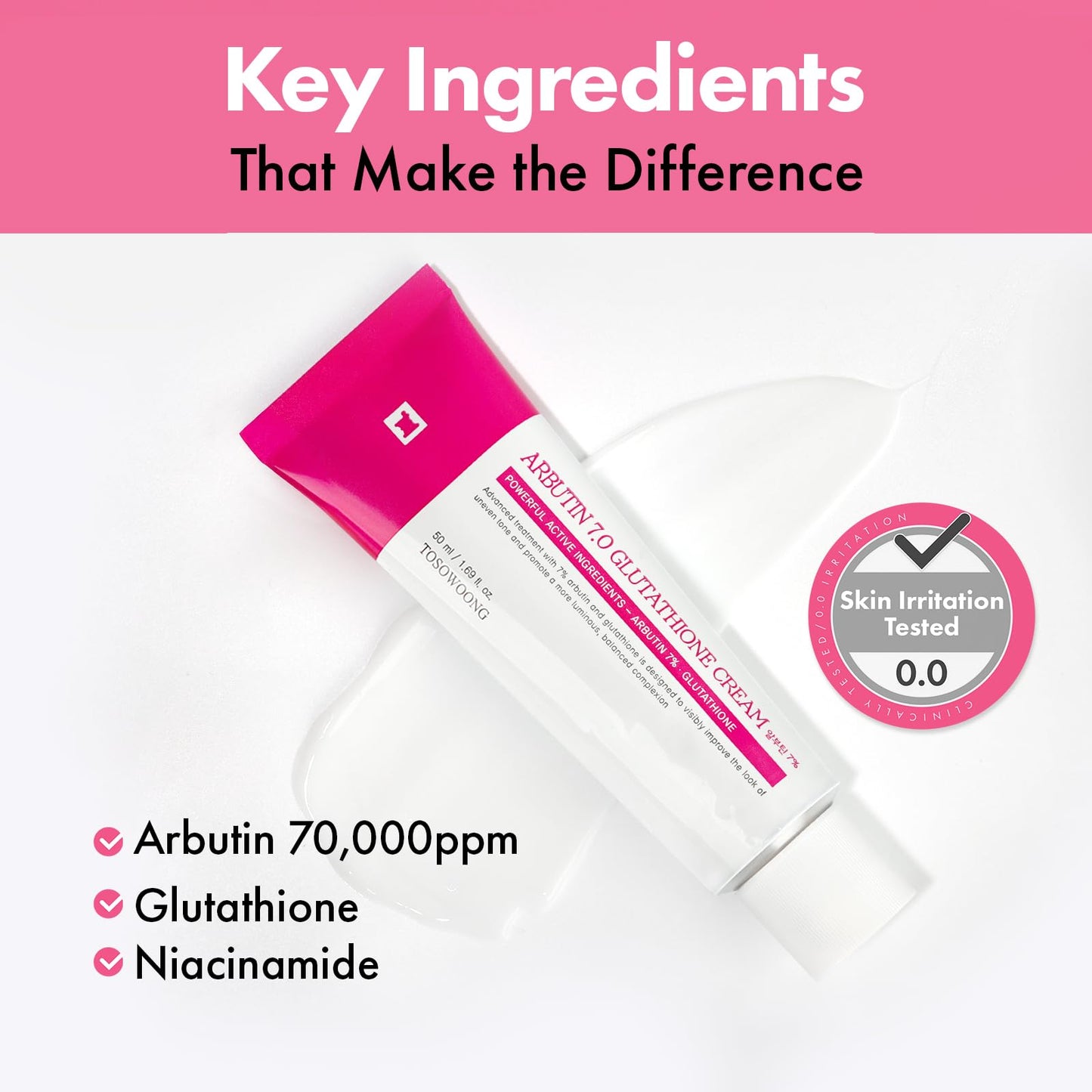 TOSOWOONG Arbutin 7% Glutathione Cream, 70,000ppm Arbutin + 5,001ppm Glutathione, Niacinamide, Dark Spots, Freckle, Blemishes, Pigmentation, Dullness, Uneven Tone, Korean Skin Care, 50ml, 1.69 fl.oz.